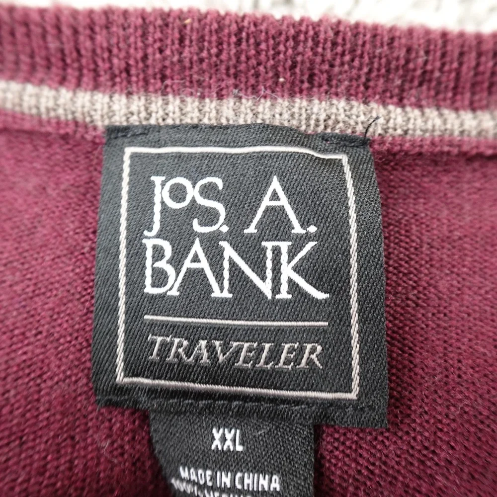 Jos A‎ Bank Sweater Mens 2XL Red Merino Wool V Neck Traveler Pullover Knit Soft